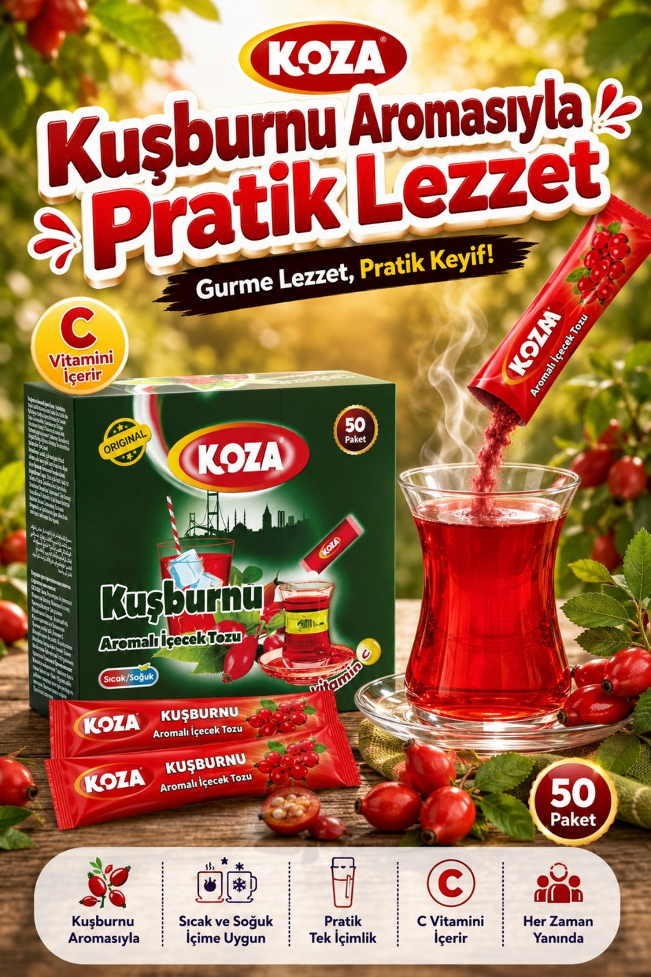 Koza Gourmet's Choice Practical Flavor Rosehip Flavored Single Serving Premium Rosehip Tea 50 Sticks