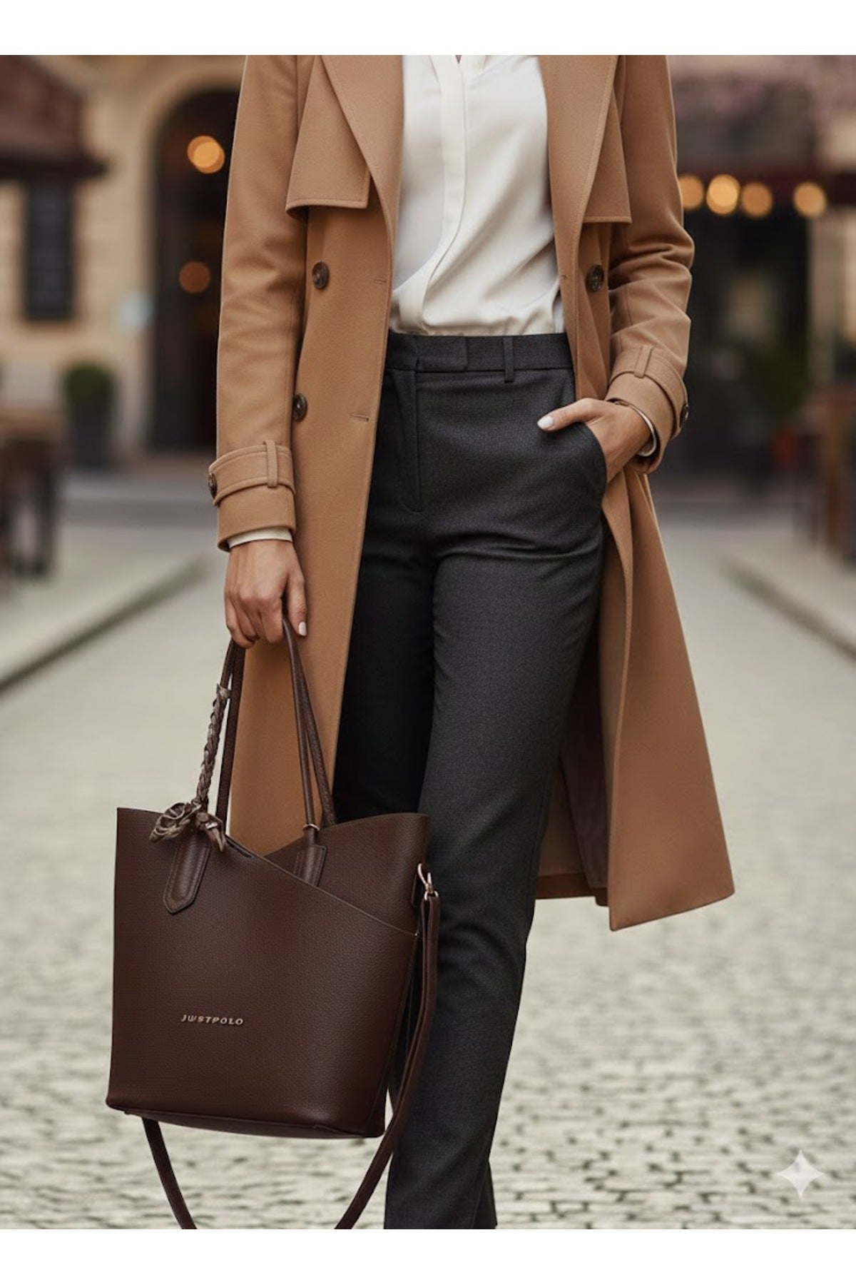 Just Polo Women's Handbag and Clutch Set - Stylish Everyday Bag with Shawl Detail Brown Large Size - MALLTURK