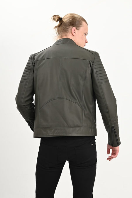 ALIN Sandor Men's Genuine Leather Embossed Stitch Leather Jacket Green - MALLTURK