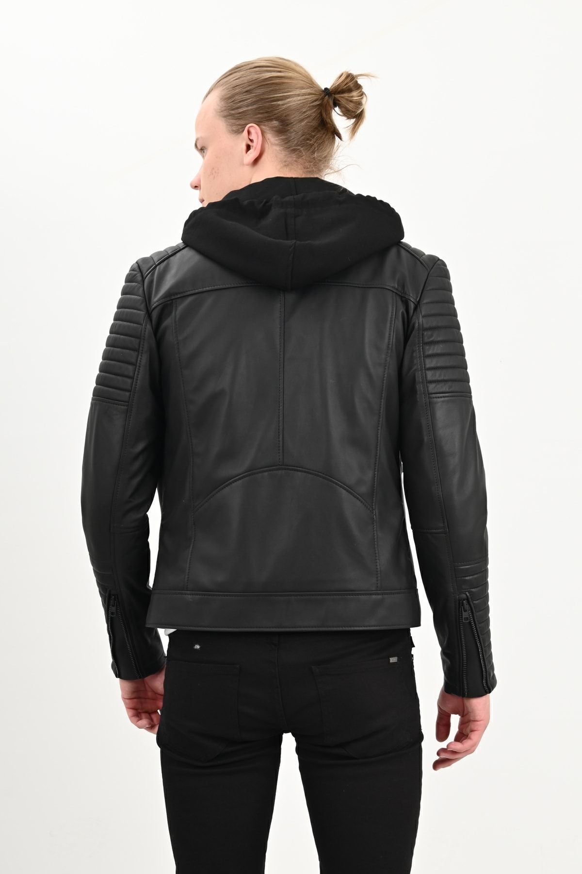 ALIN Sherwood Men's Genuine Leather Detachable Hood Leather Jacket Black - MALLTURK