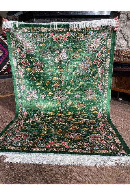 Rustikev Iranian Silk Hand-Woven Rug - Royal Hunting Scene Design - MALLTURK