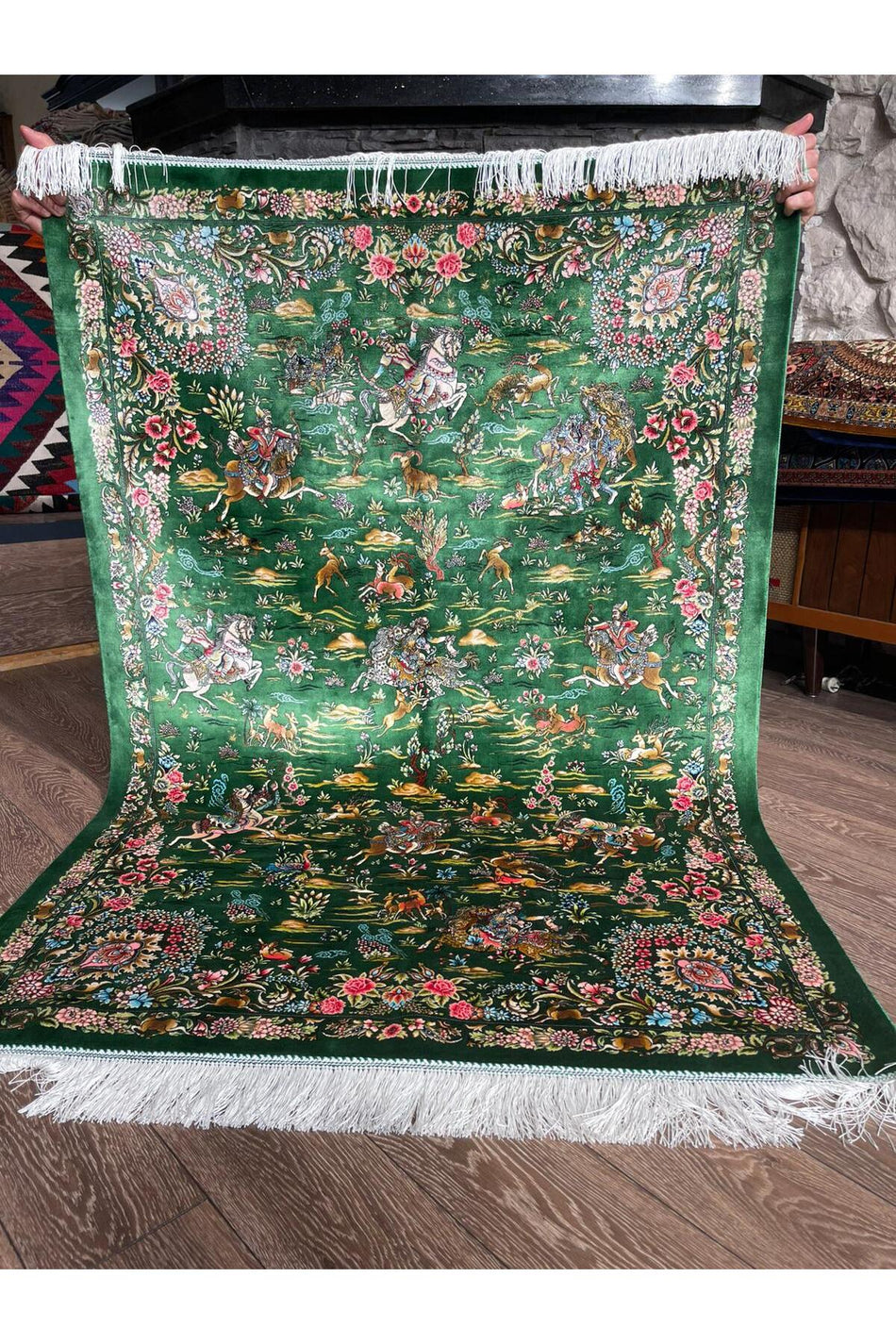 Rustikev Iranian Silk Hand-Woven Rug - Royal Hunting Scene Design