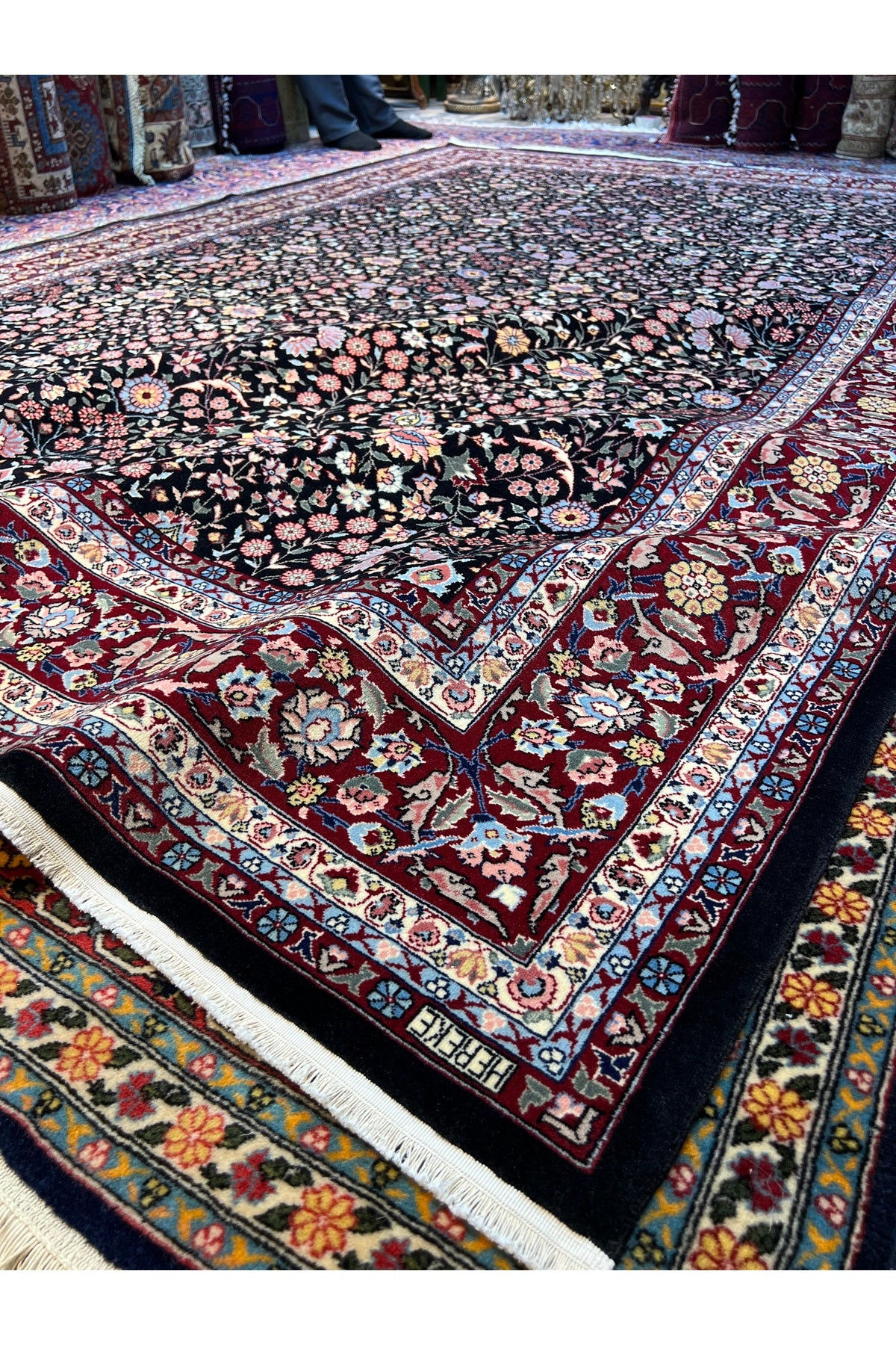 RD RAMAZAN DAG Hand Rug Art Hand-Woven Hereke Rug Signed Seven Mountains Flower Premium Quality Black Color Size 296x200 - MALLTURK