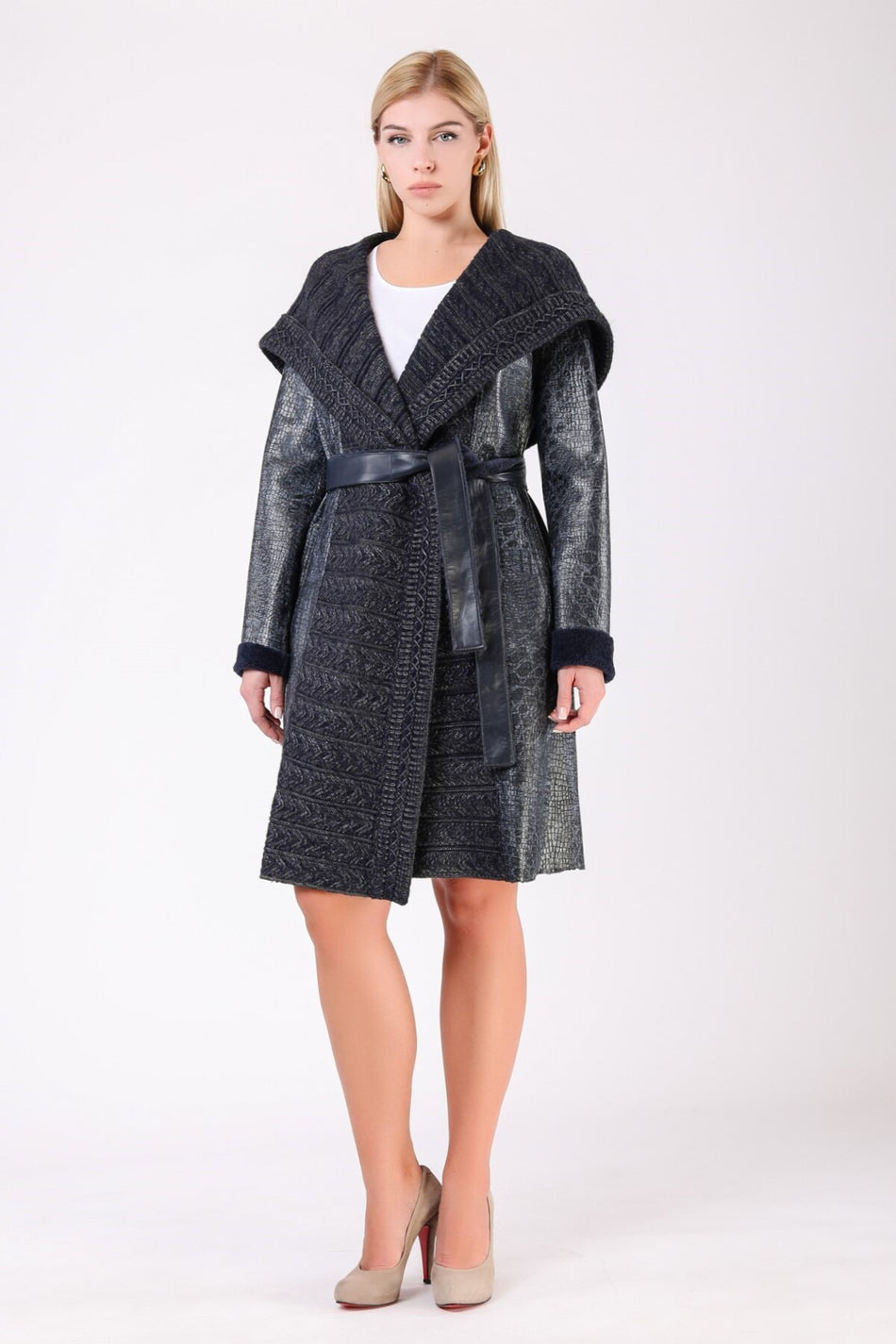Leather Club Navy Blue Knitted Fur Coat with Accessories