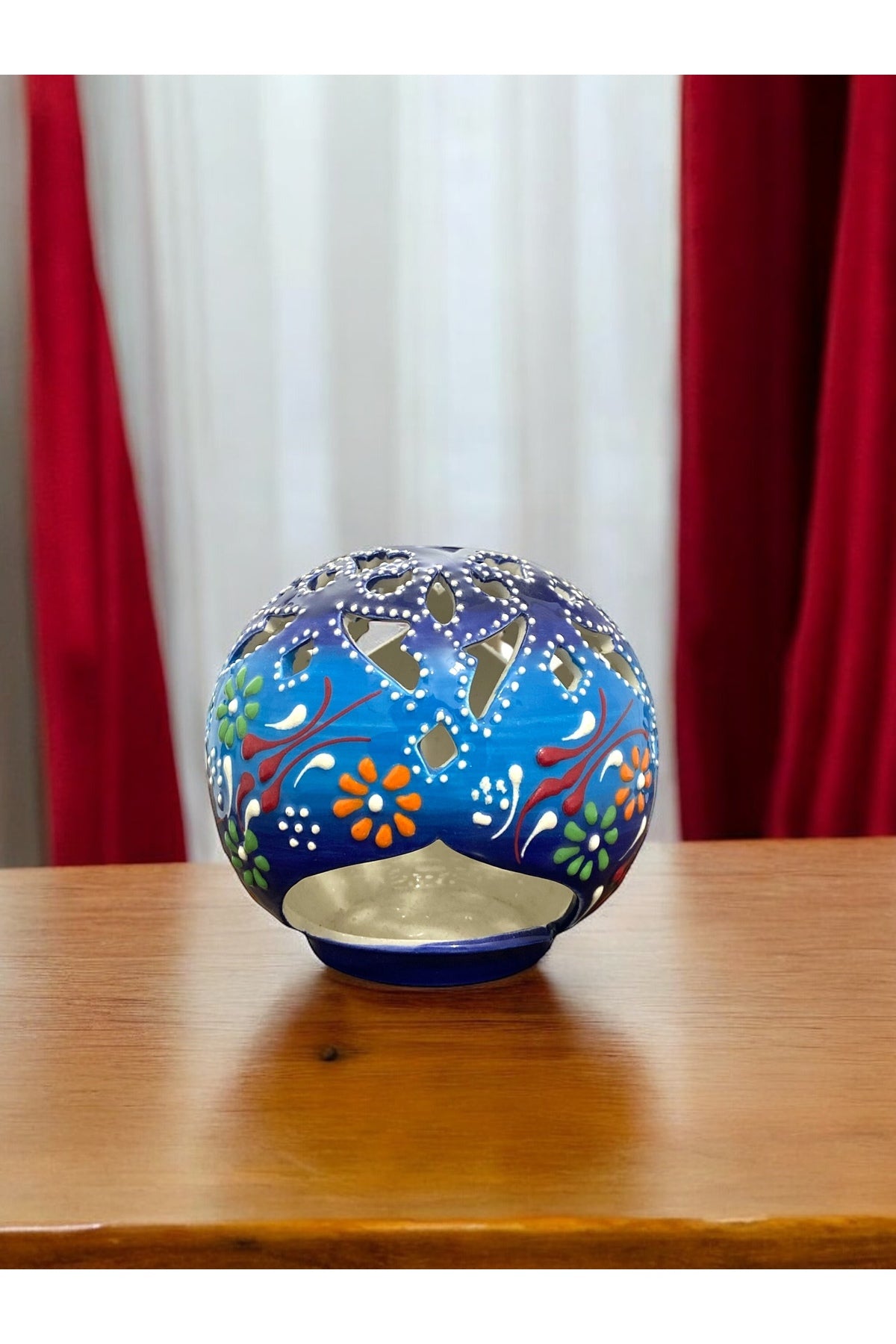 STORESZA Handmade Flower Patterned Blue Ceramic Candle Holder - MALLTURK