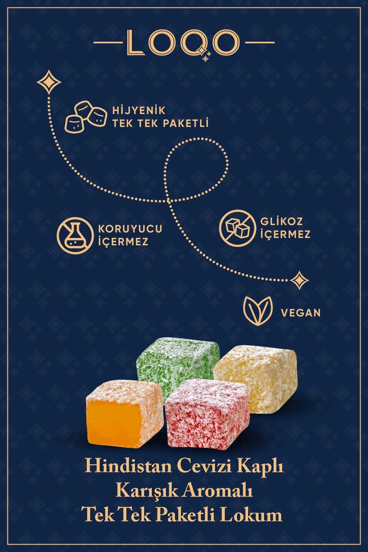 LOQO Assorted Fruit Flavored hindistan cevizi Coated Turkish Delight 500 g tek tek paketli 1017 - MALLTURK