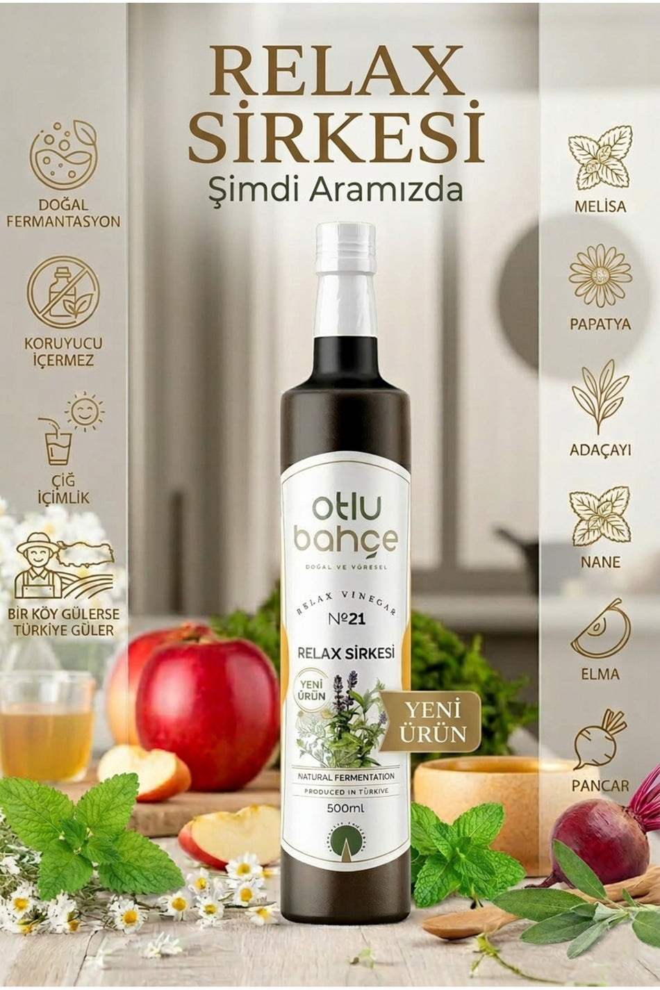 Herbal Garden Relax Vinegar, a blend of Melissa, Chamomile, Sage, Mint, and Apple Beetroot Vinegar, 500ml.
