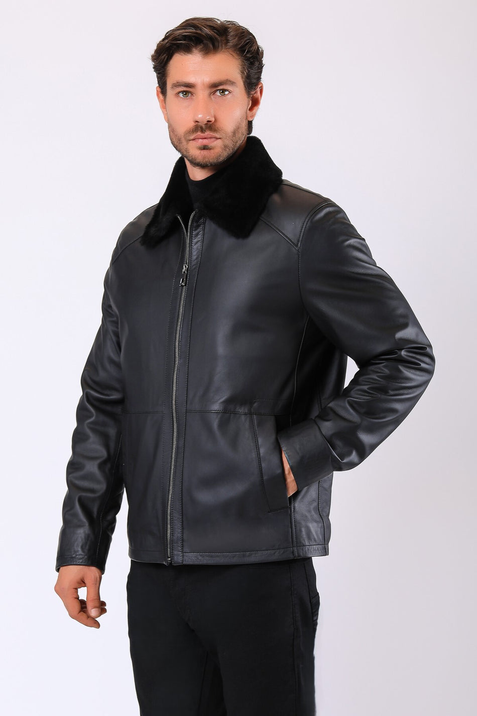 Leather Club jas van echt leer met zwarte bontrand
