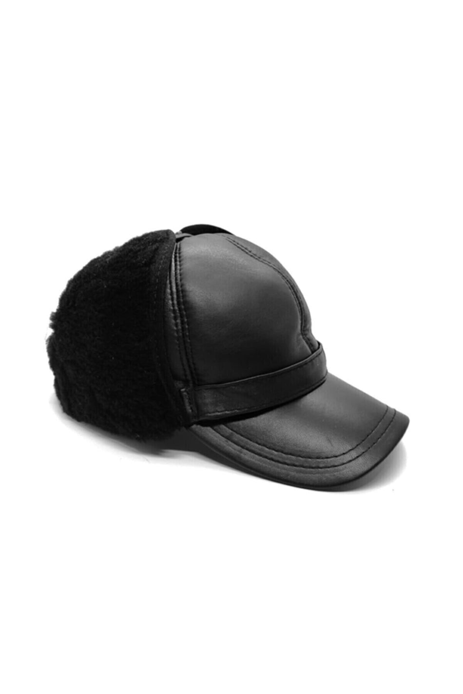 Fubileather Genuine Leather Black Brim Fur-Lined Winter Hat