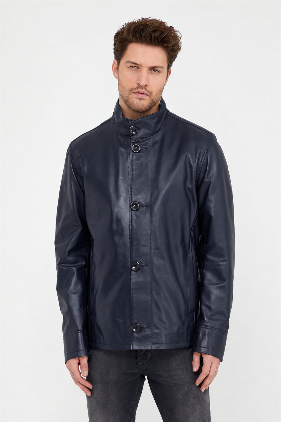 Chaqueta de cuero azul marino con botones Leather Club