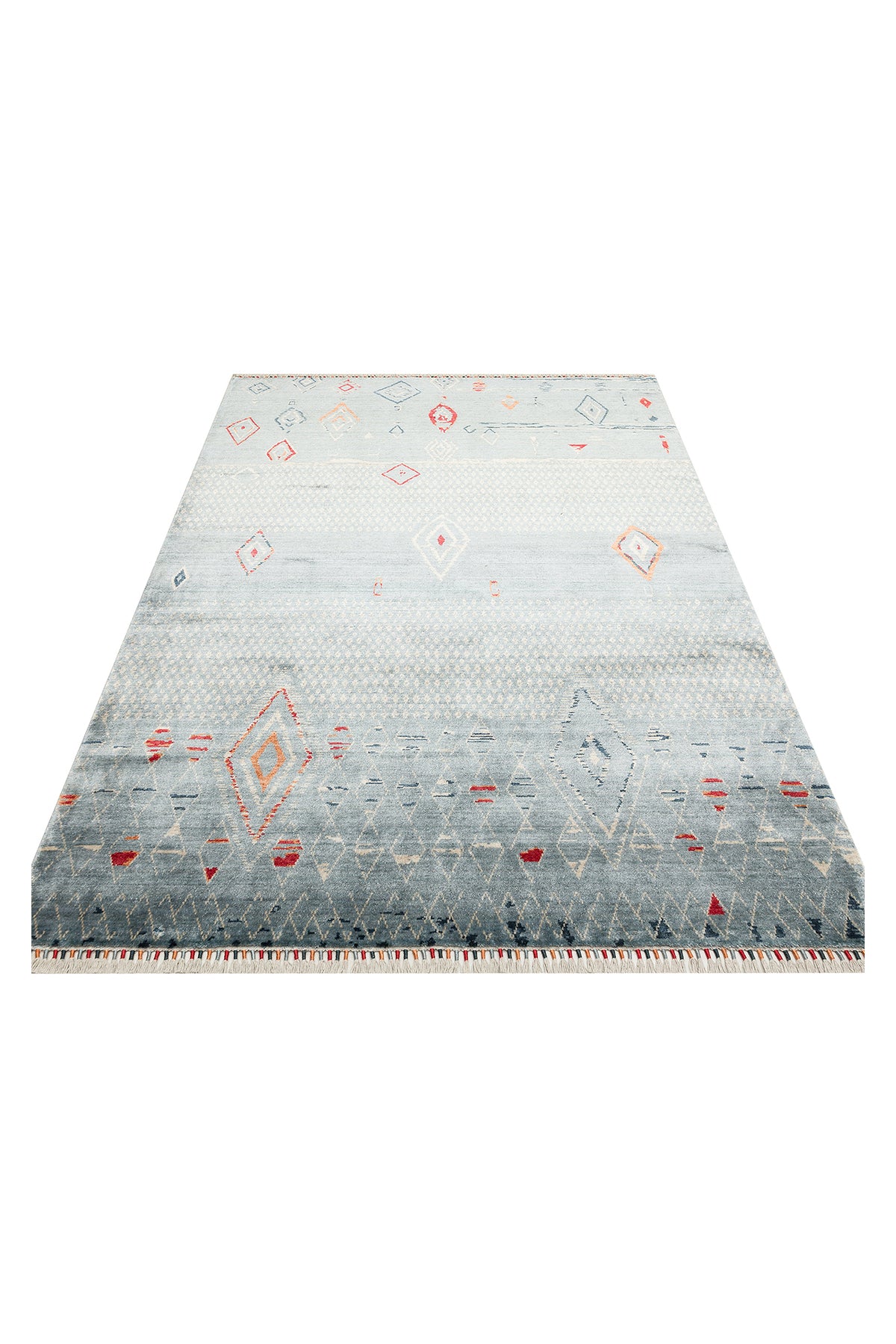 Vog Hali Efsun Handmade Blue Ethnic Patterned Lyocell Special Loom Usak Design Fringed Living Room Carpet - MALLTURK