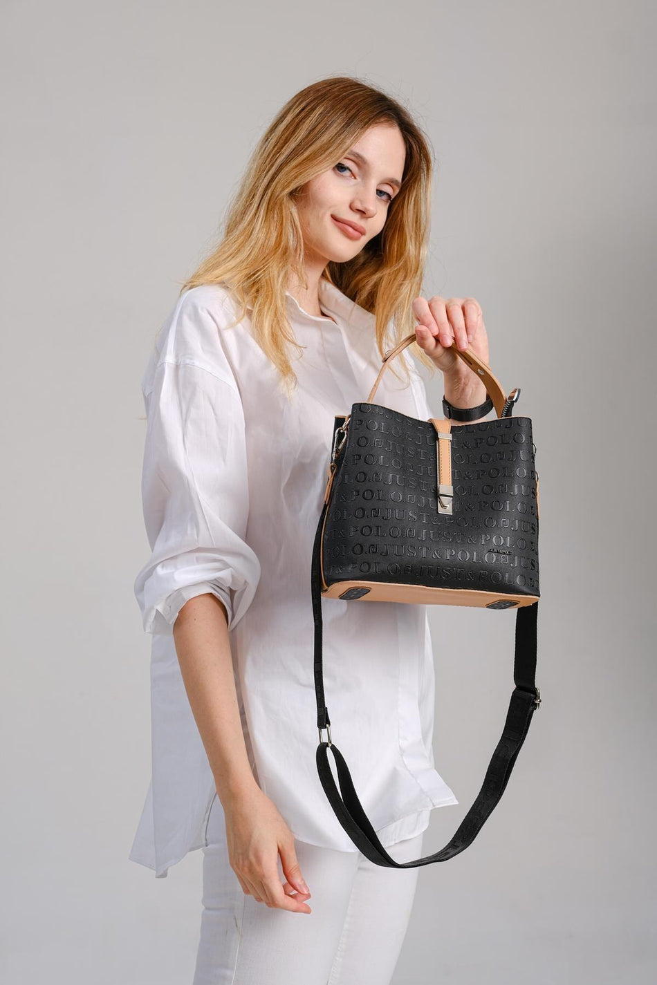 Just Polo Women's Embossed Print Vegan Shoulder and Handbag with Lock Detail JPM4002 Black Tan - MALLTURK