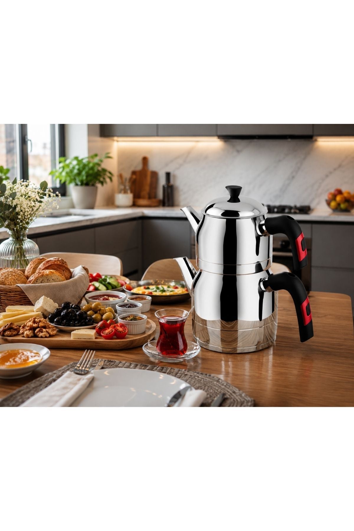 Lines Ayperi Family Size Stainless Steel Teapot with Crystal Handle – Large Capacity, Stylish Design, Teapot 1.50lt, Water Jug 3.00lt - MALLTURK