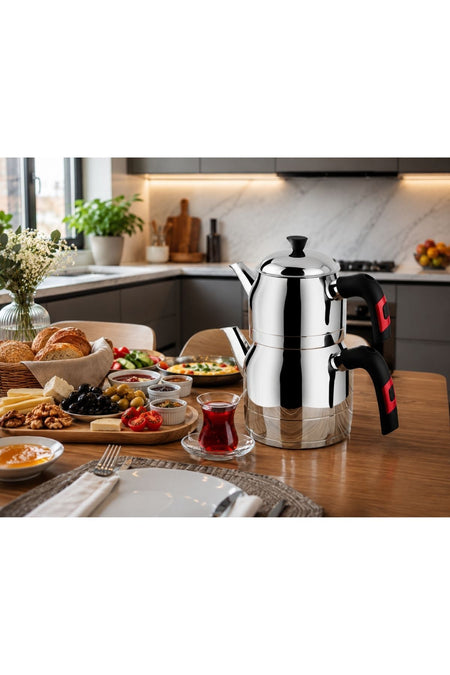 Lines Ayperi Family Size Stainless Steel Teapot with Crystal Handle – Large Capacity, Stylish Design, Teapot 1.50lt, Water Jug 3.00lt - MALLTURK