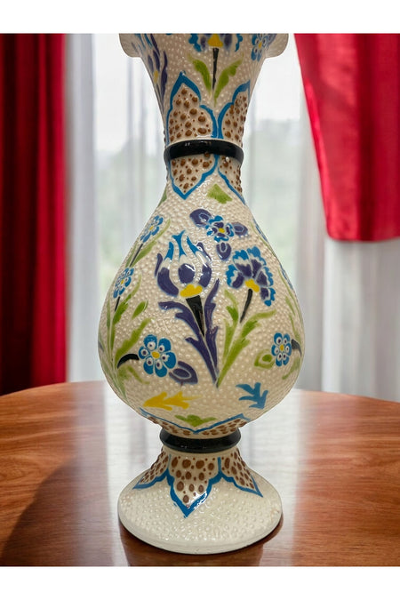 STORESZA Handmade Kutahya Ceramic Tulip Motif White Hyacinth Vase - 30cm - MALLTURK