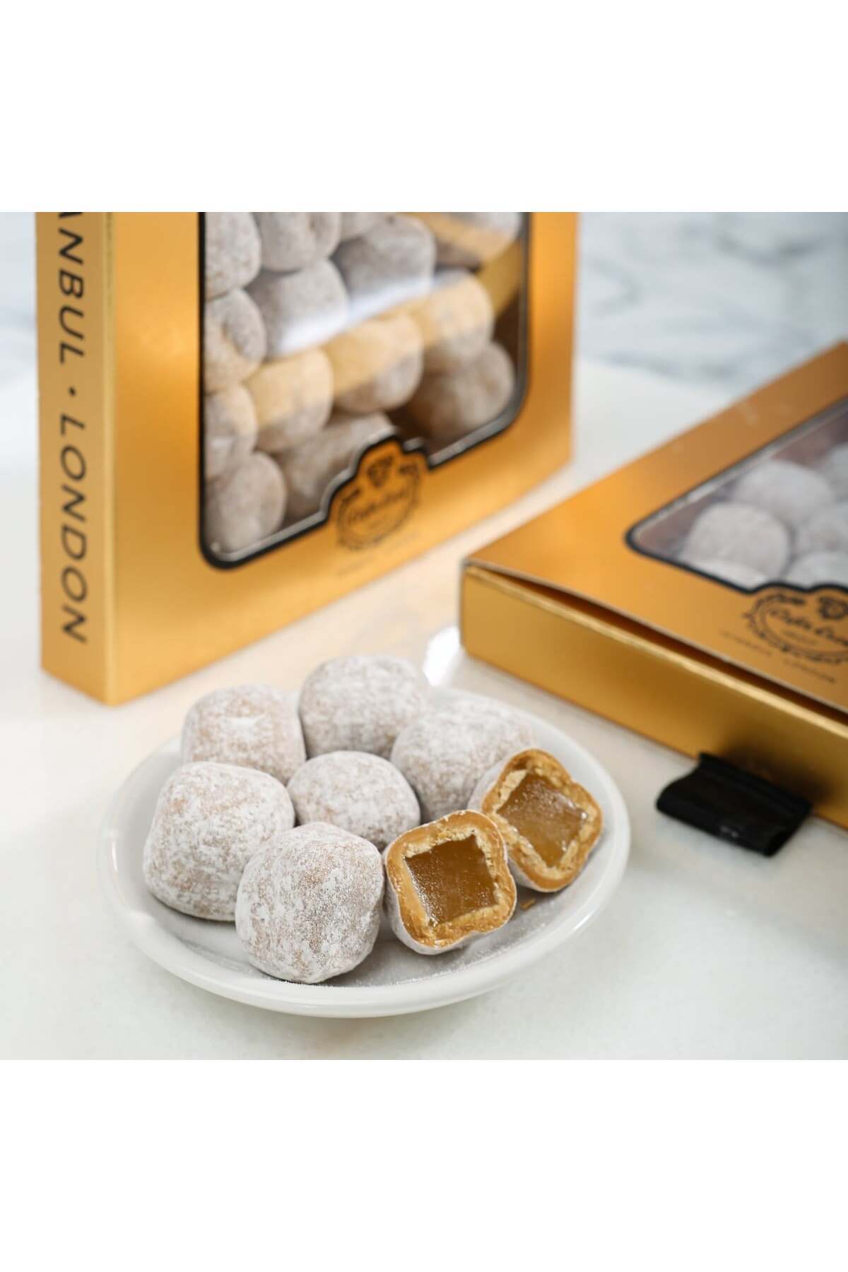 Sekerci cafer erol karamel Chocolate Coated Mastic Flavored Turkish Delight altin kutu 110g - MALLTURK