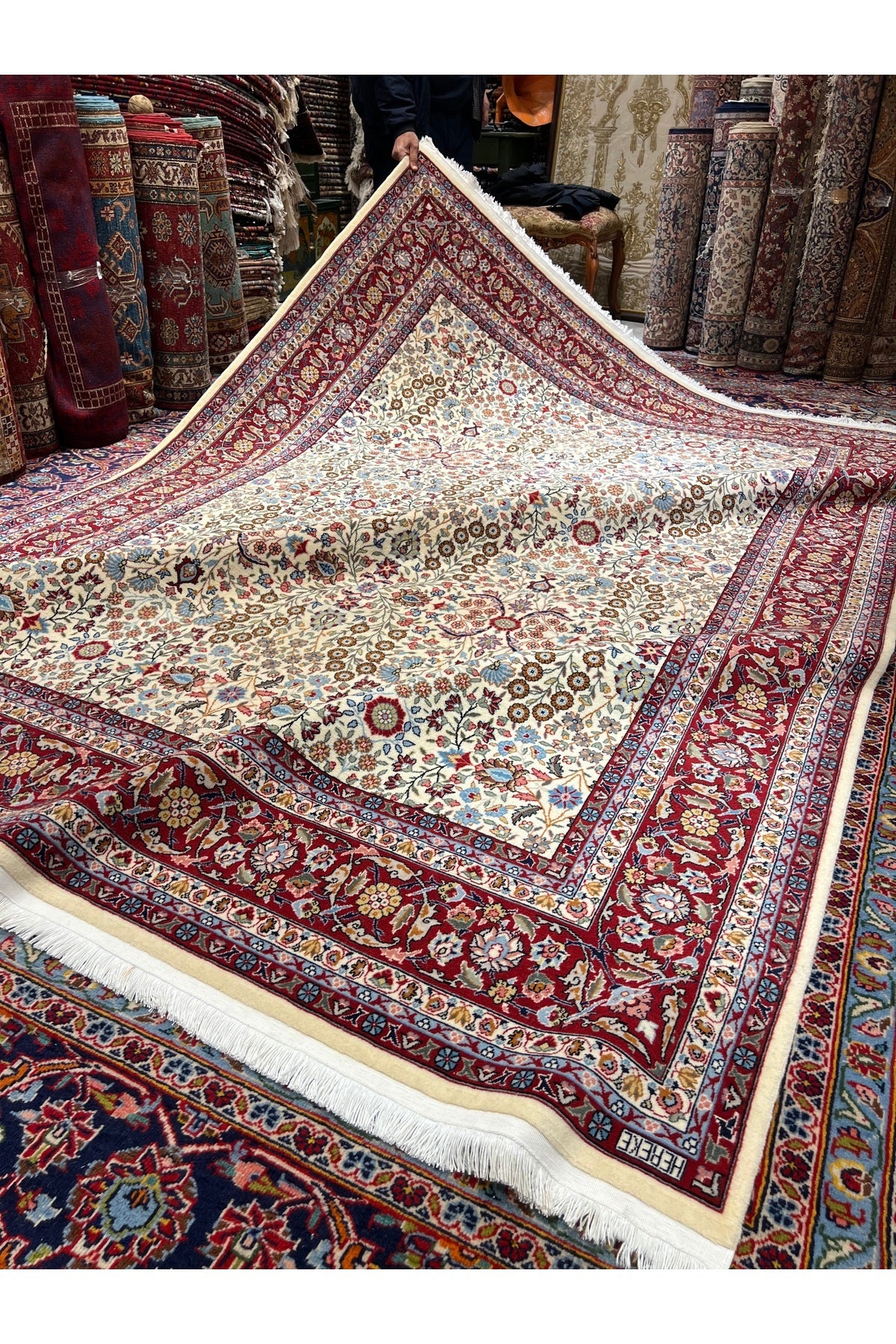 RD RAMAZAN DAG Hand Rug Art Hand-Woven Sumerbank Hereke Rug Signed Seven Mountains Flower Design Size 276x200 - MALLTURK