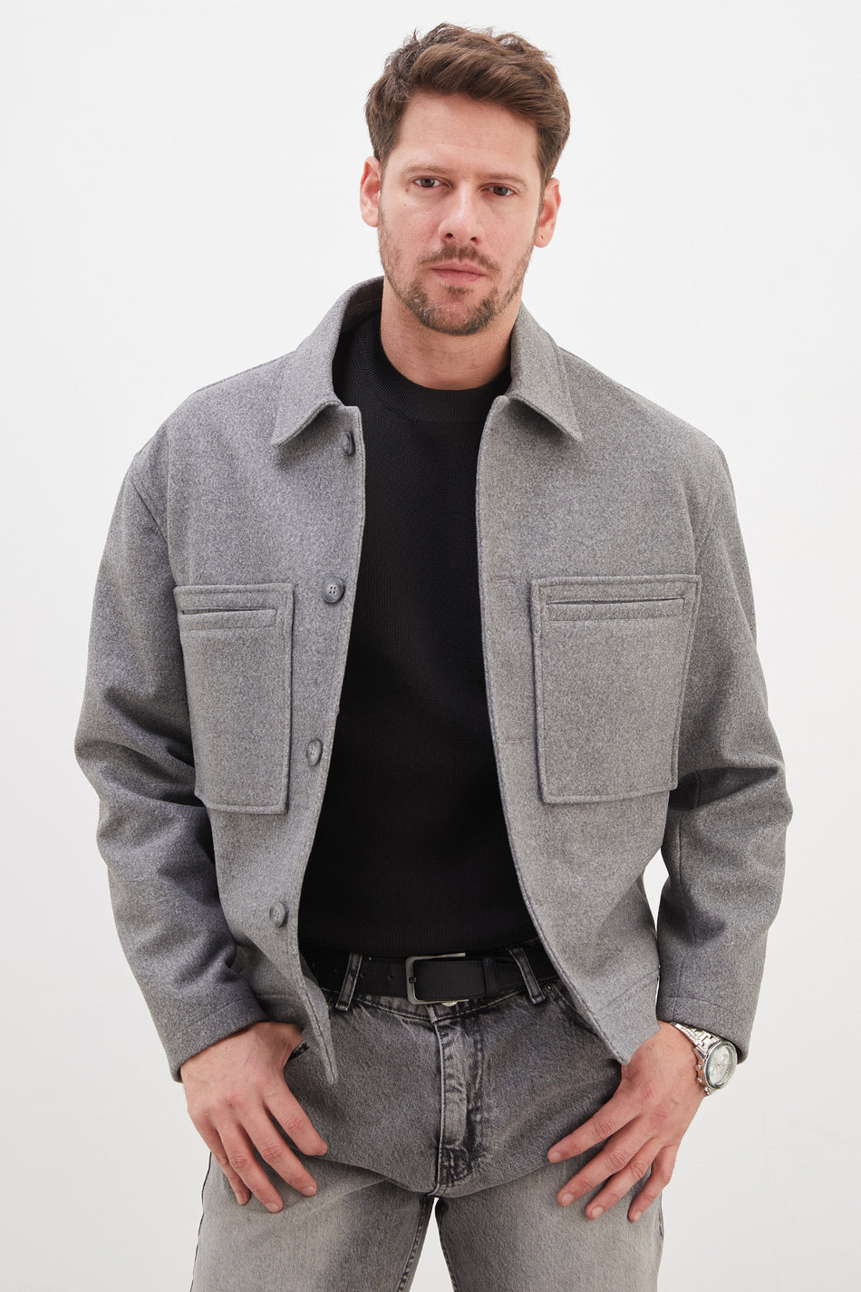 Manteau court en cachemire à double poche, col polo boutonné