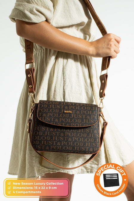 Just Polo Original Women's 4-Compartment Luxury Soft Leather Adjustable Crossbody Strap Stylish Trendy Shoulder Bag Brown - MALLTURK