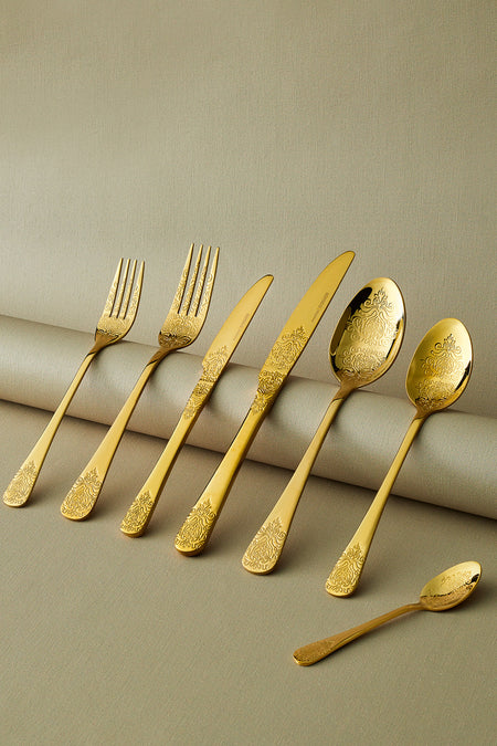 Karaca elegance bellatrix 84 Piece 12 Place Setting Flatware Set gold - MALLTURK