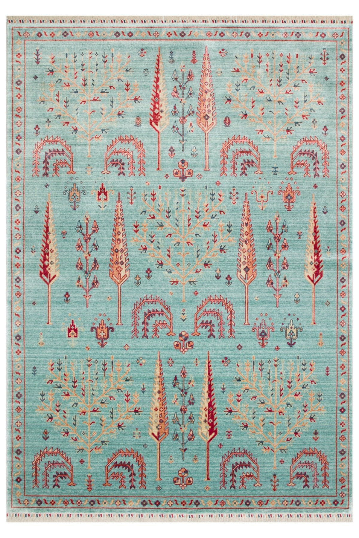 Vog Hali Efsun Handmade Turquoise Color Lyocell Special Loom Ethnic Usak Pattern Fringed Living Room Carpet - MALLTURK