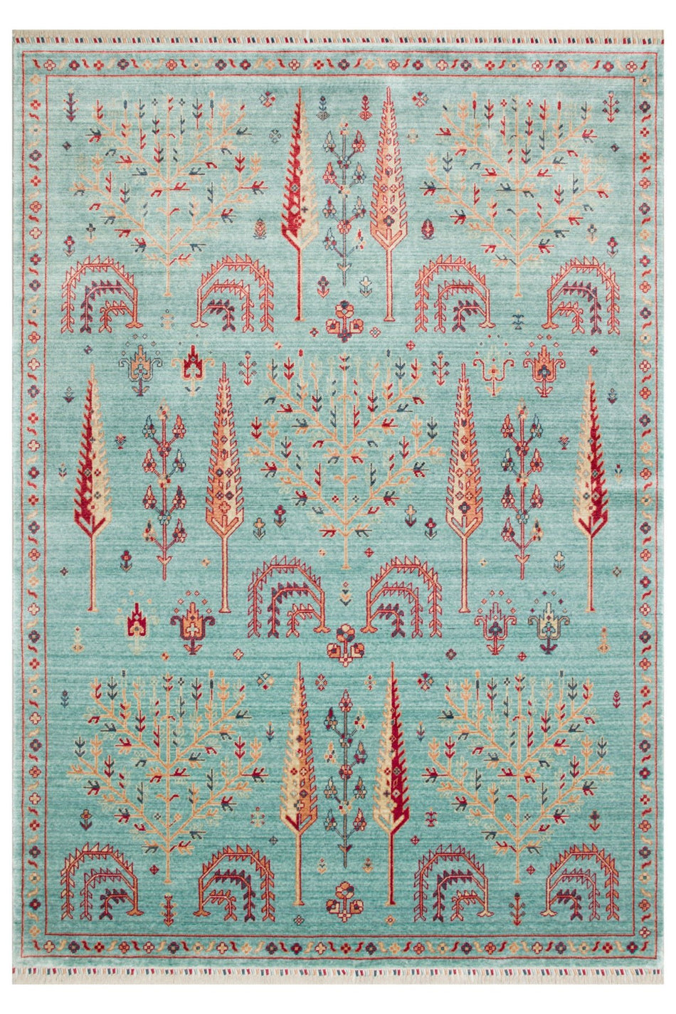 Vog Hali Efsun Handmade Turquoise Color Lyocell Special Loom Ethnic Usak Pattern Fringed Living Room Carpet - MALLTURK