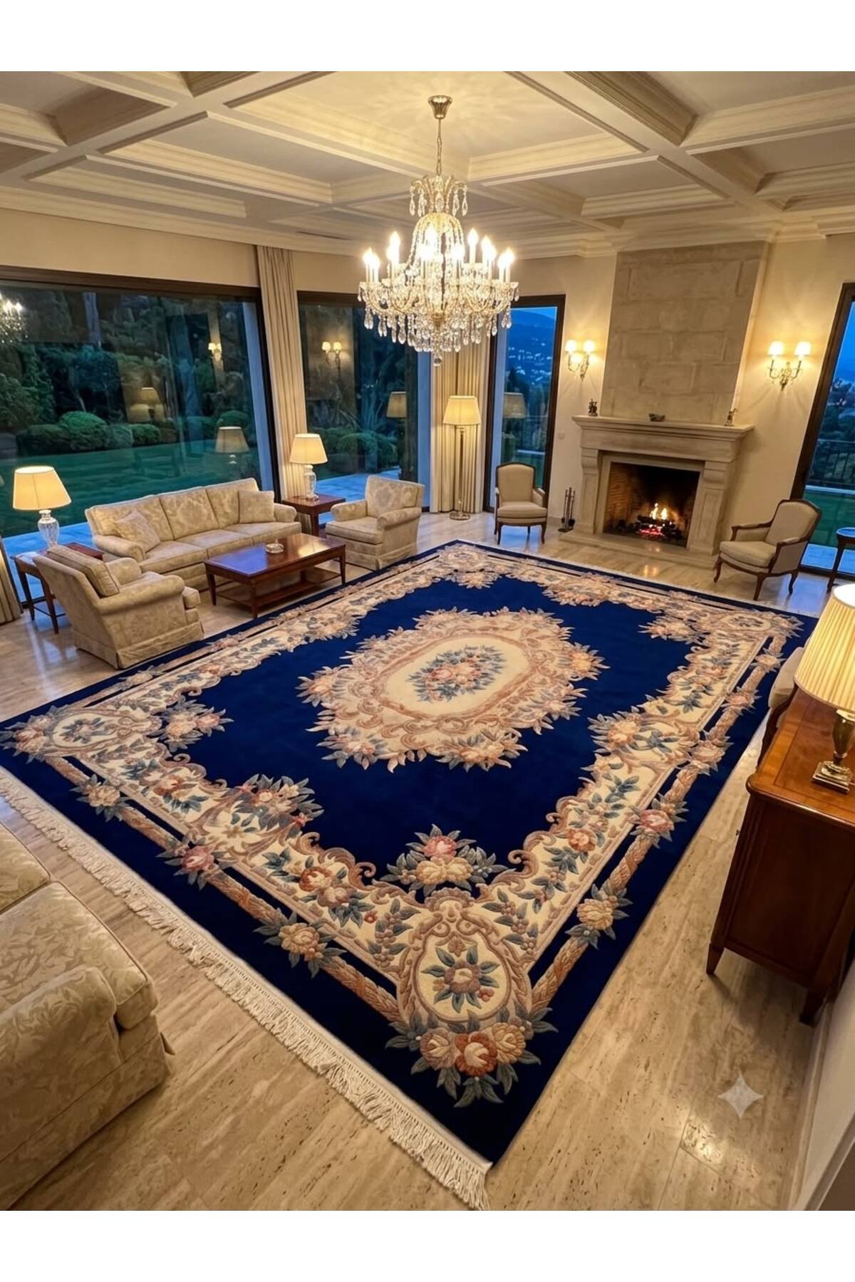 RD RAMAZAN DAG Hand Rug Art Hand-Woven Embossed Chinese Rug Premium Quality Cotton Fringe with Wool Weave Navy Color Exceptional Bir Urun Size 310x245 - MALLTURK