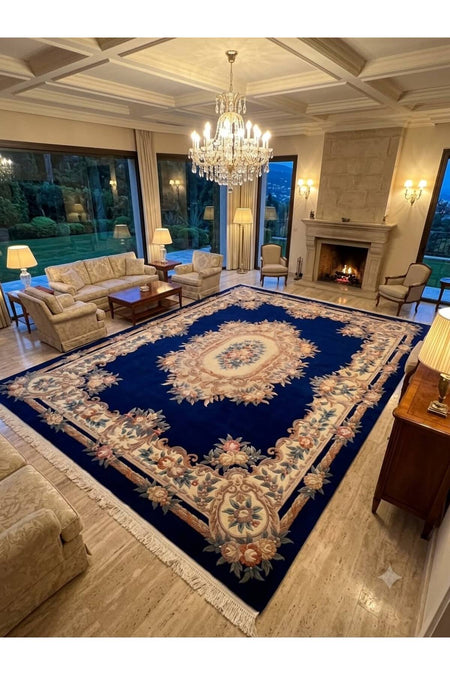 RD RAMAZAN DAG Hand Rug Art Hand-Woven Embossed Chinese Rug Premium Quality Cotton Fringe with Wool Weave Navy Color Exceptional Bir Urun Size 310x245 - MALLTURK