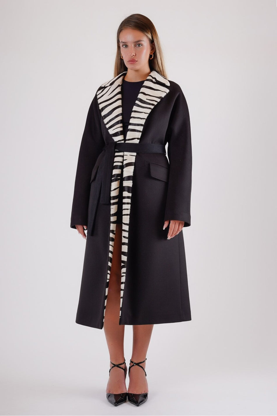 Leather Club Black Zebra Leather Patterned Genuine Cashmere Coat