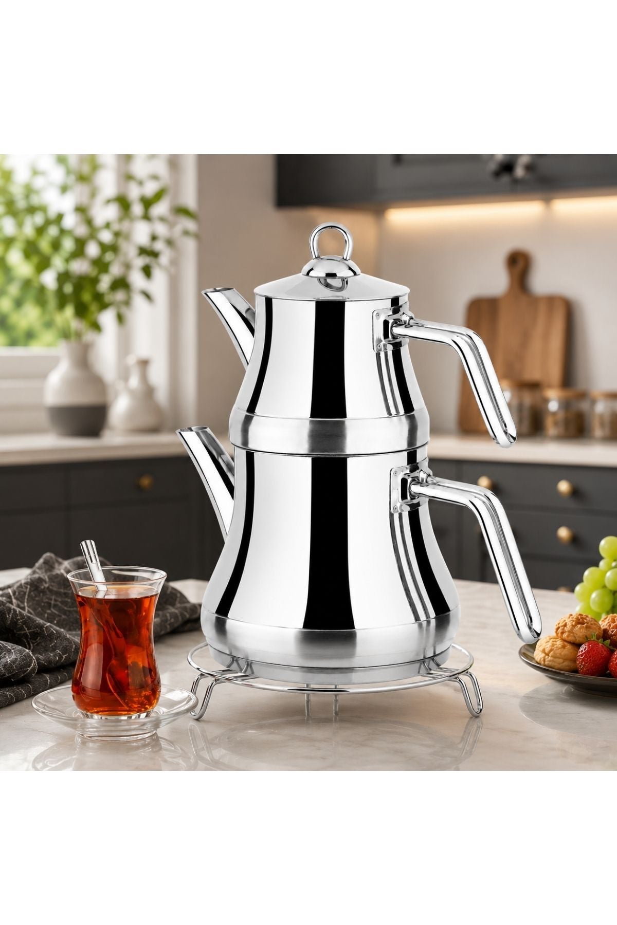 Lines Naz Stainless Steel Teapot with Built-in Strainer, Silver Metal Handle, Medium Size, Stylish Modern Design, Teapot 0.75 lt, Water Jug 1.75 lt - MALLTURK