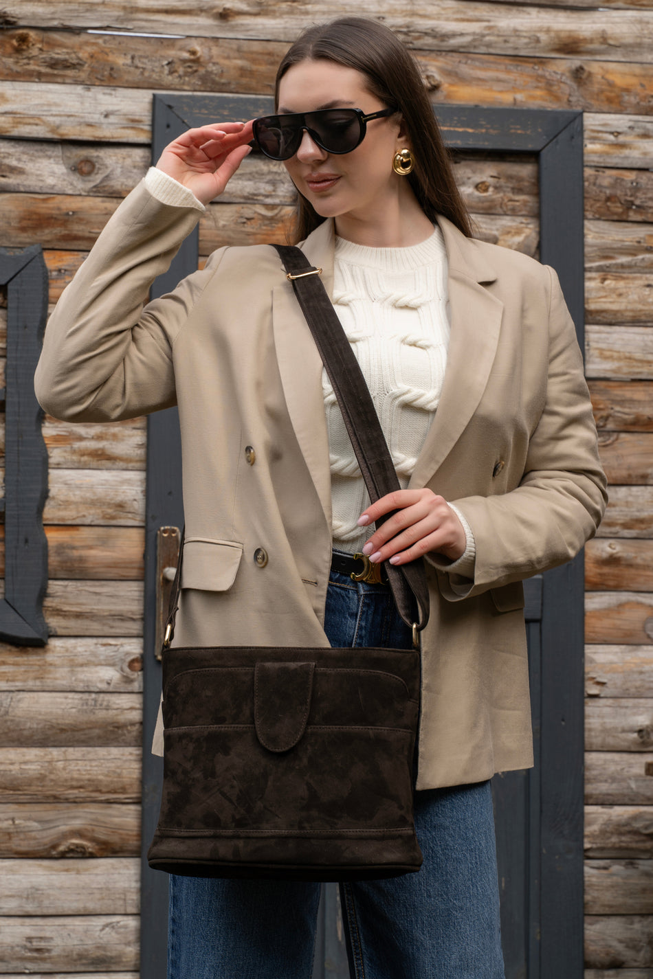 Fubileather Earth Tone Suede Leather Crossbody Messenger Bag