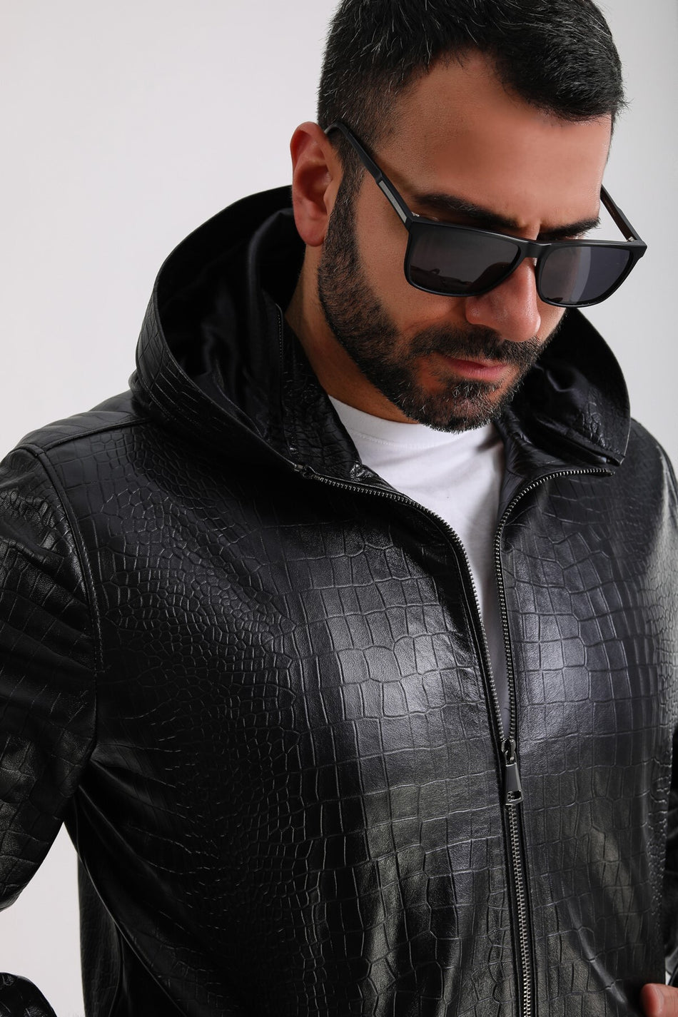 Leather Club svart skinnjacka med krokodilprägling