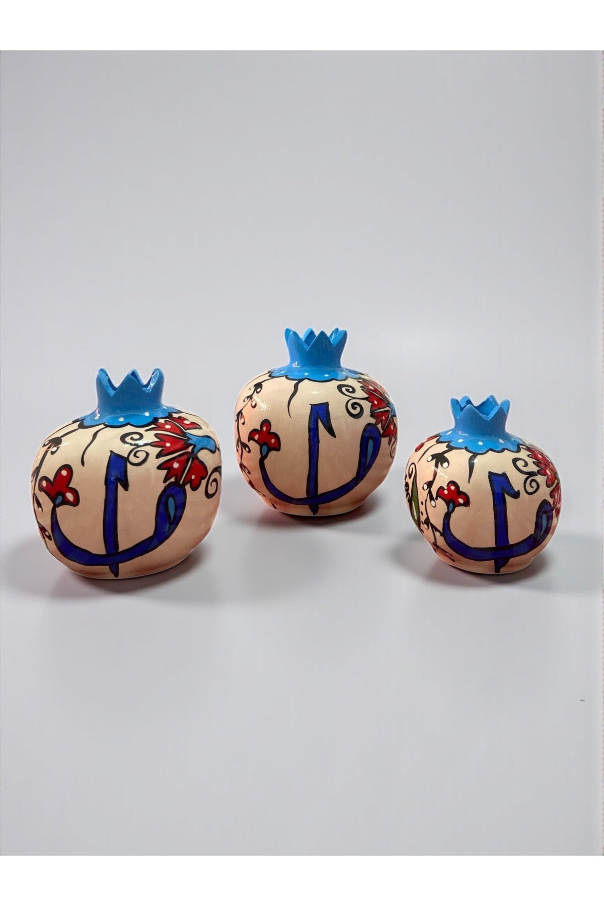 YOOS Handmade Brush Craftsmanship Vav and Elif Patterned 3-Piece Ceramic Pomegranate Set - MALLTURK