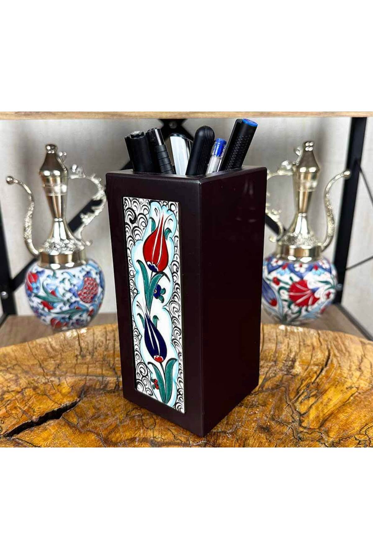 Cini Evi Double Tulip Elegance Iznik Tile Wooden Pen Holder - MALLTURK