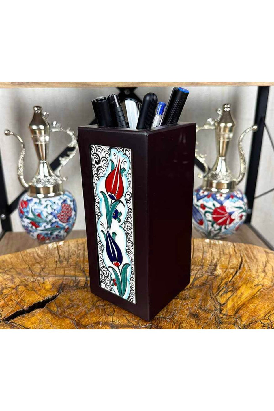Cini Evi Double Tulip Elegance Iznik Tile Wooden Pen Holder - MALLTURK