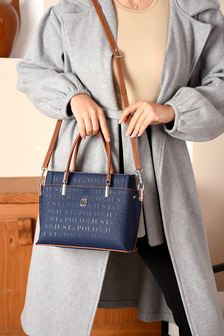Just Polo Women's Navy, Tan, and Camel 5-Compartment Embossed Hand and Shoulder Bag JPM4045 - MALLTURK