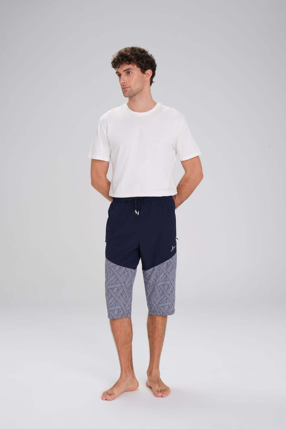 Men's Navy Blue and White Long Swim Shorts with Hashema Pattern 247
