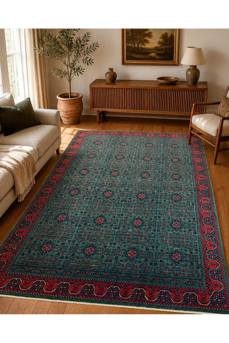 Vog Rug Afghan Pattern Hand-Woven Green Petrol Red Ethnic Pattern Traditional Vintage Living Room Rug