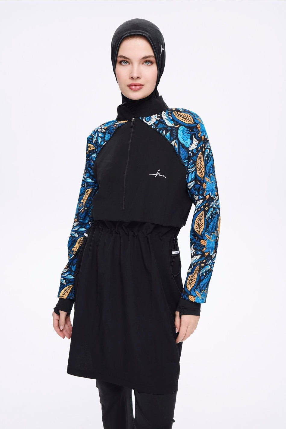 Black 5-Piece Full Coverage Swimsuit Set with Floral Pattern on Sleeves 5015