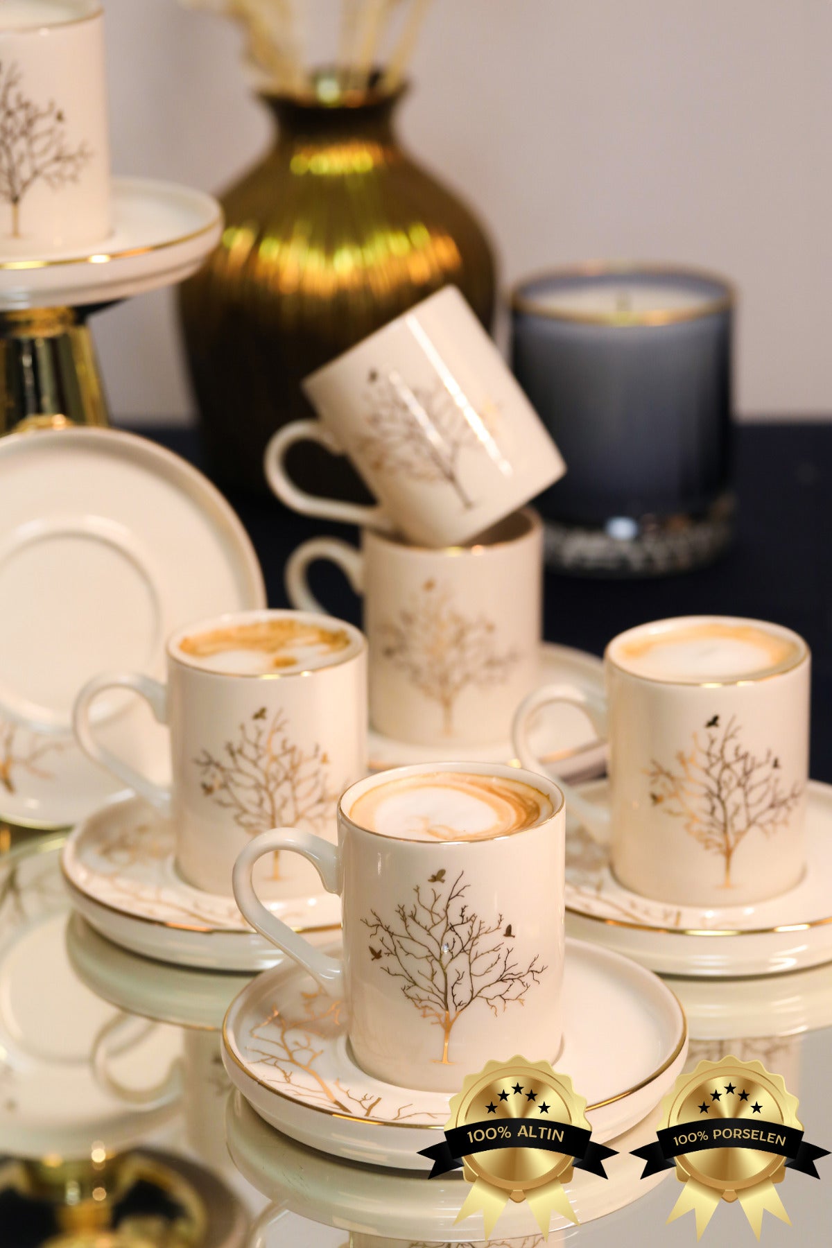Farika Porselen Tree of Life 12-Piece 6-Person Gold-Plated Porcelain Coffee Cup Set - MALLTURK