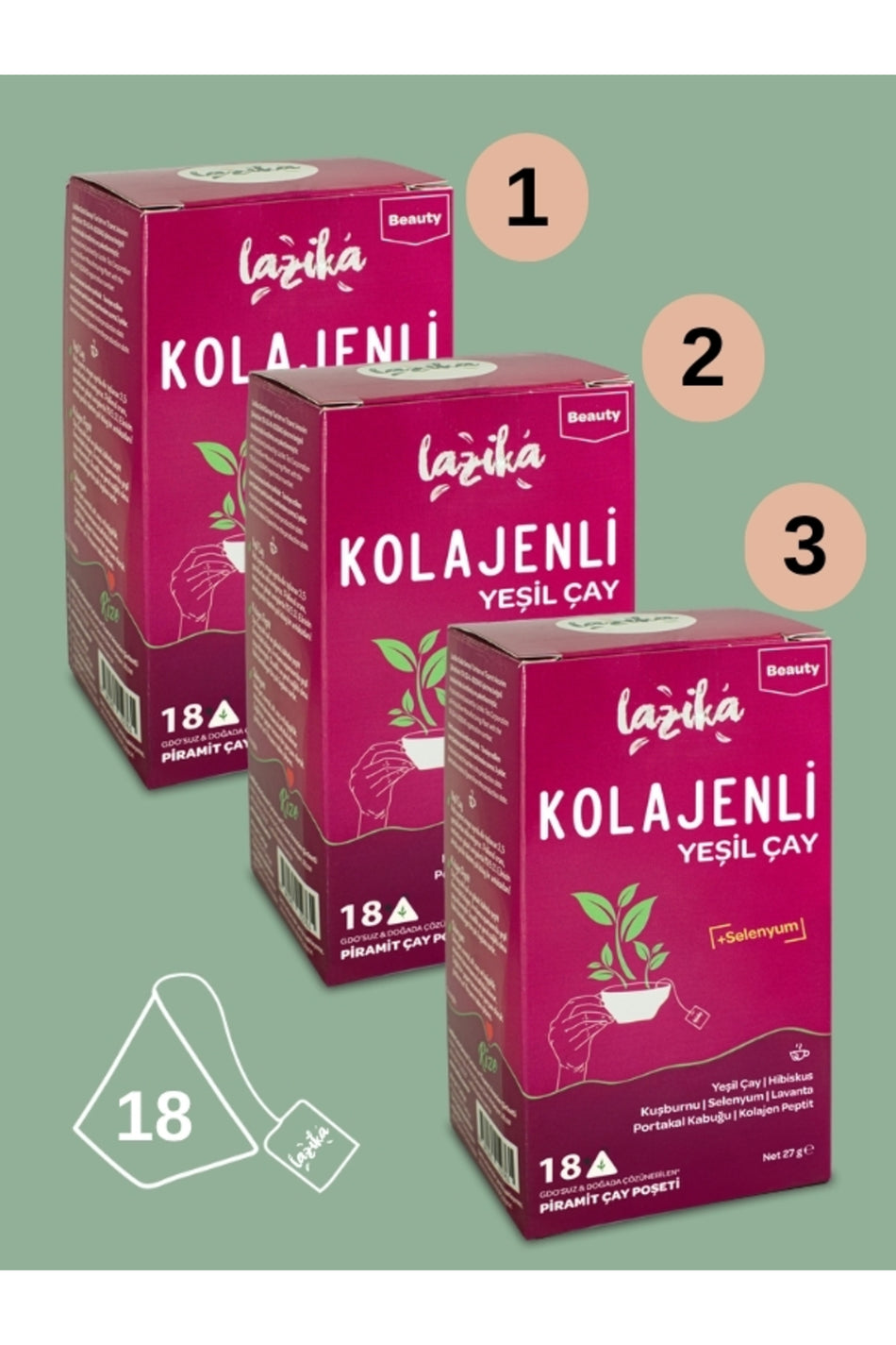 LAZIKA (набор из 3 упаковок), зелёный чай с коллагеном — 237 мг пептидного коллагена, гибискус, шиповник (3 × 18 чайных пакетиков)