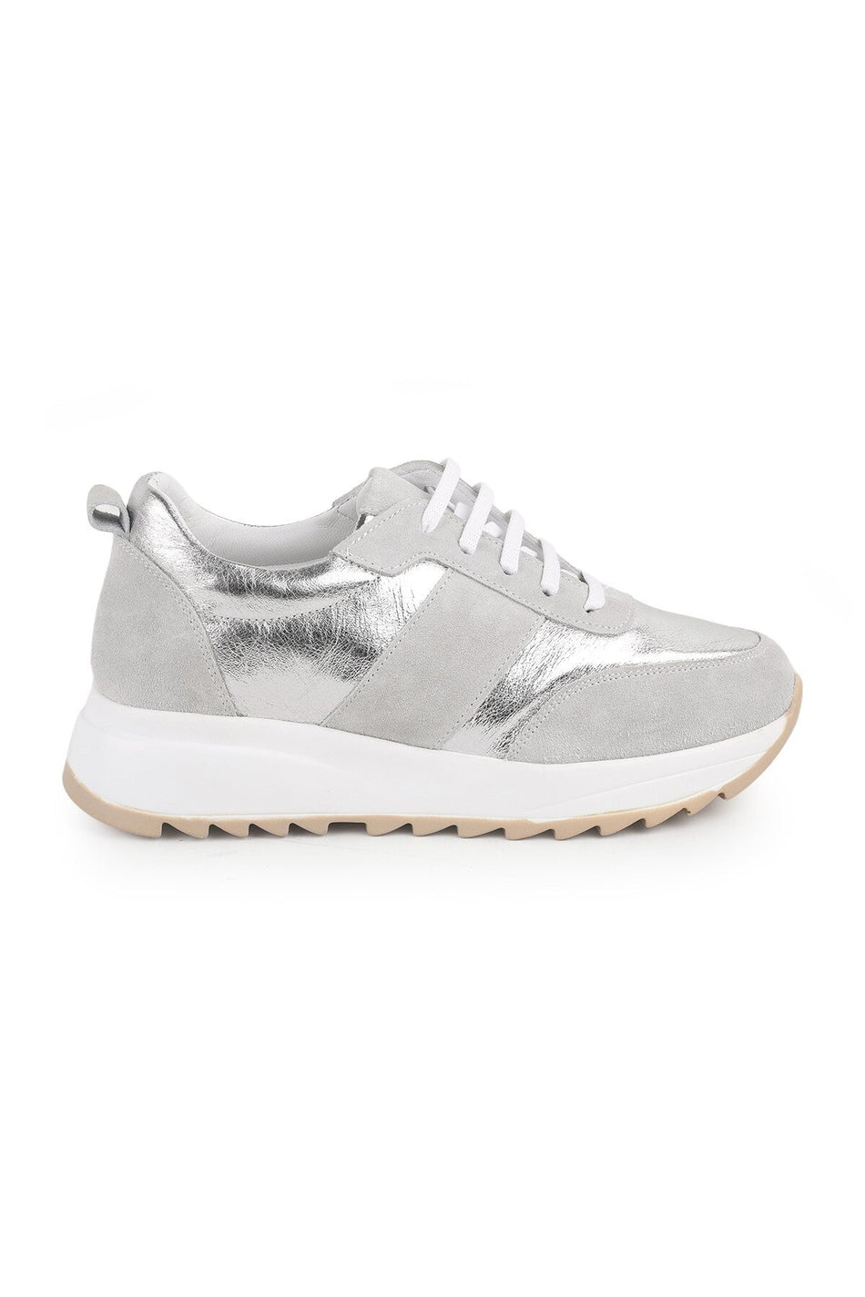 L086.925 BA Silberne Damen-Sneaker aus Veloursleder mit Glitzer, Metallic-Details und dicker EVA-Sohle