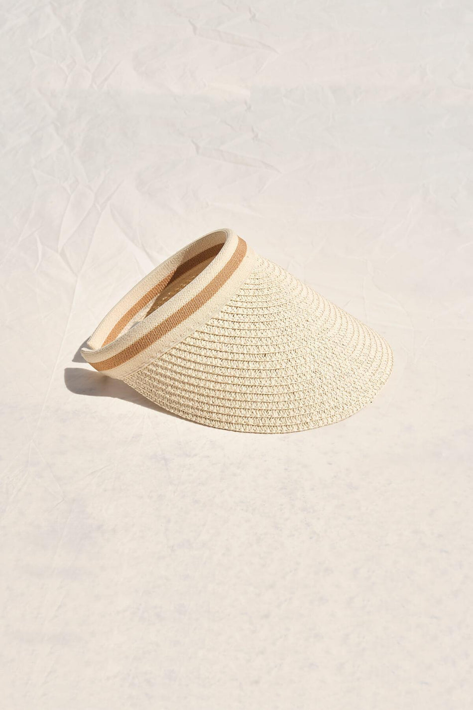 Beige Swimsuit with Striped Visor and Straw Hat