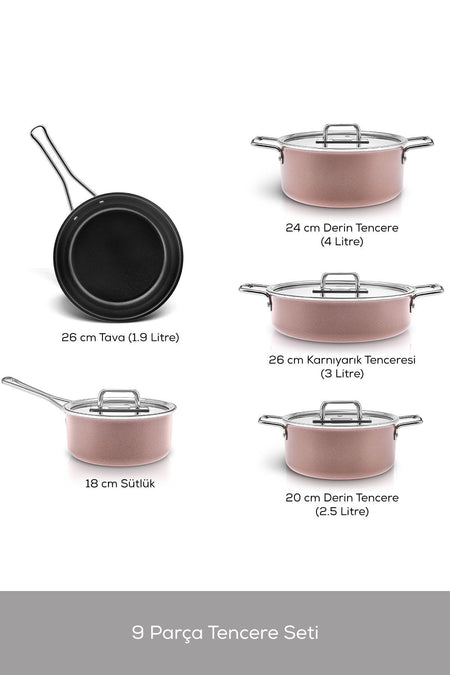 Karaca Swiss Crystal Mastermaid 9 Piece 0 Yag Ile Nonstick Pot Set Bronzy - MALLTURK