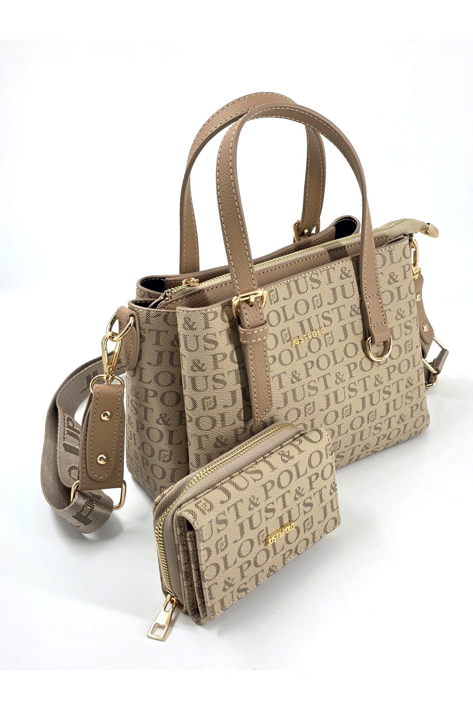 Just Polo Original Women's 3-Compartment Handbag and Shoulder Bag and Wallet Set Sand