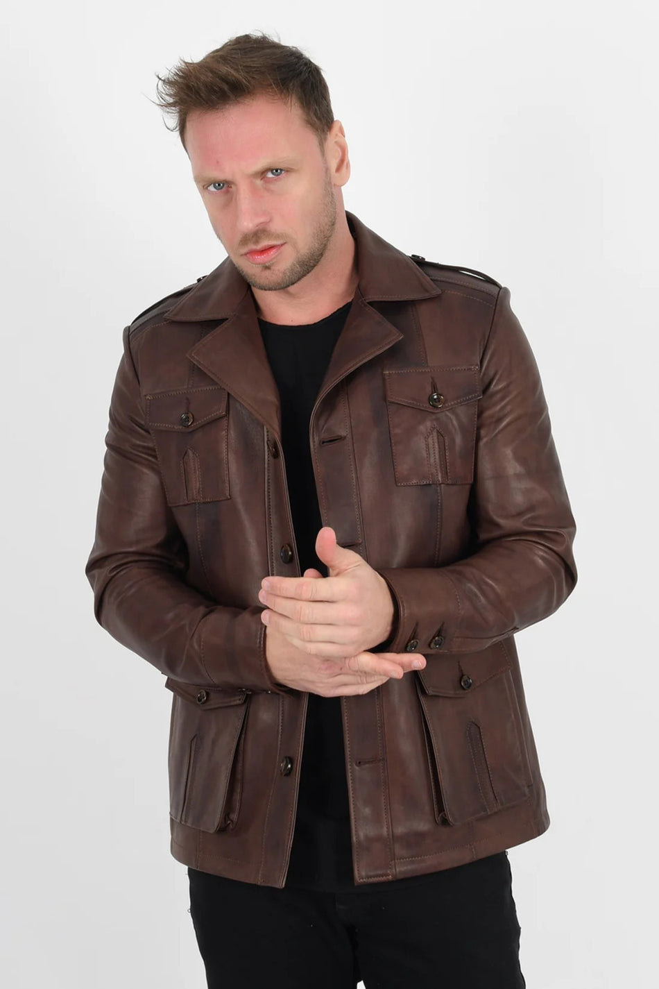 ALIN Harrison Men's Genuine Leather Safari Leather Jacket Brown