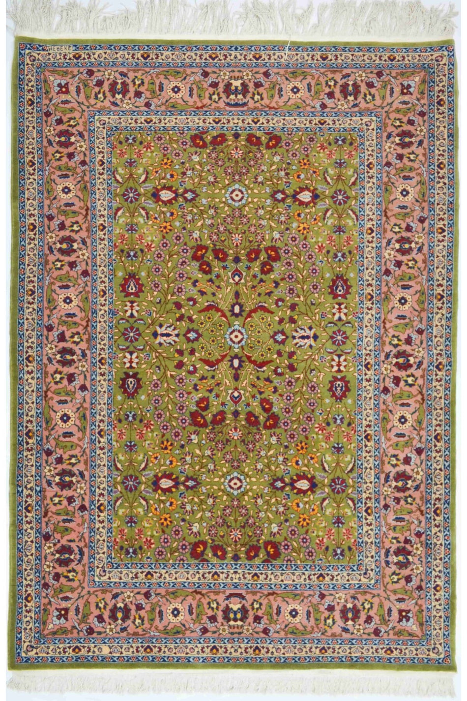 Handmade Seven Mountain Flowers Patterned Pink and Green Handwoven Hereke Rug 138x204 cm (2.82 m²) - MALLTURK