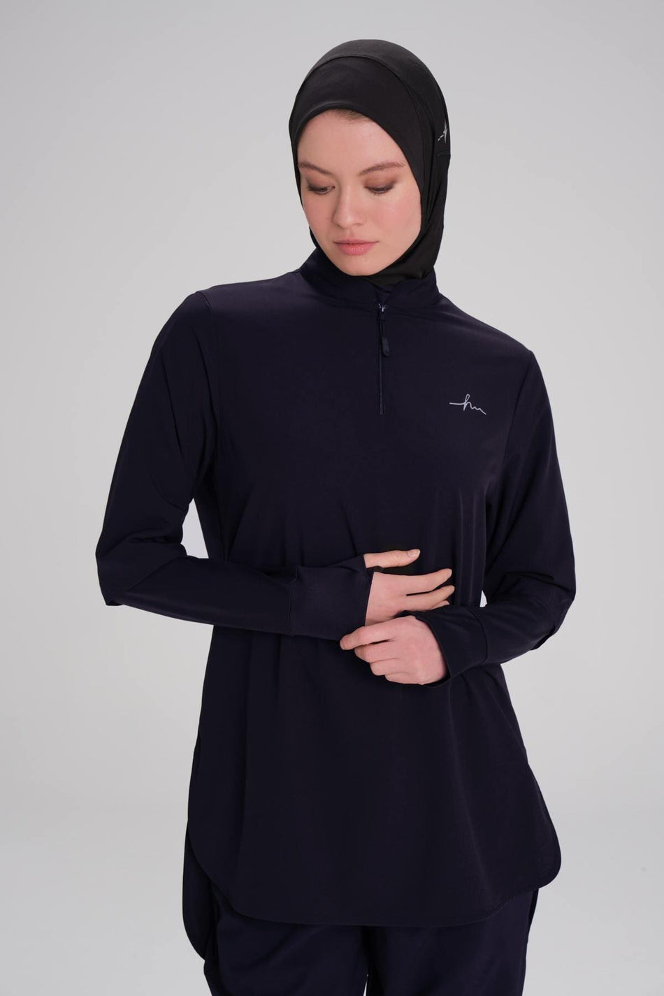 Hasema Active Long-Sleeved, Zip-Collar Navy Blue Hijab Training T-Shirt ACT-9