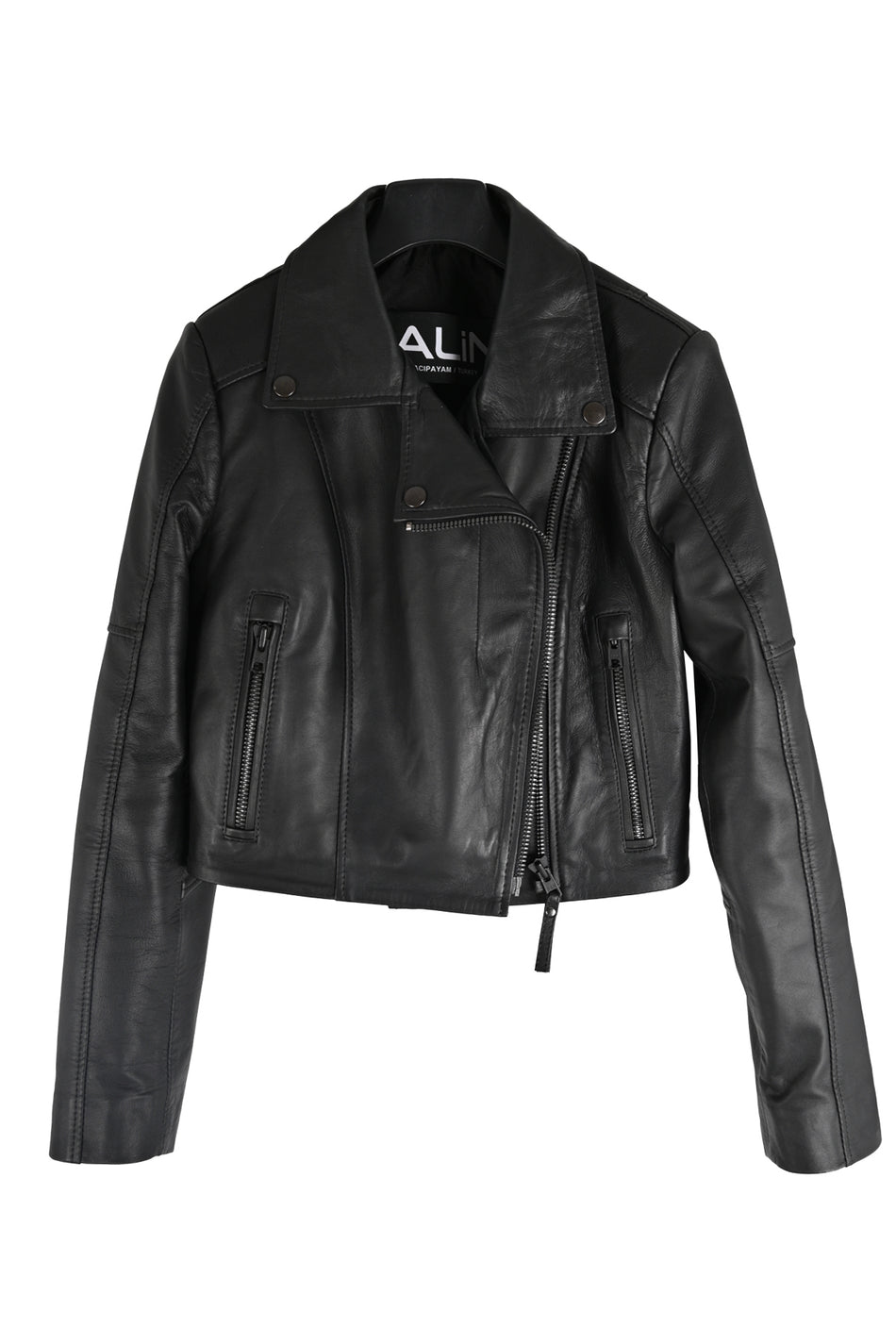 ALIN Topaz Women's Genuine Leather Short Crop Leather Jacket Black
