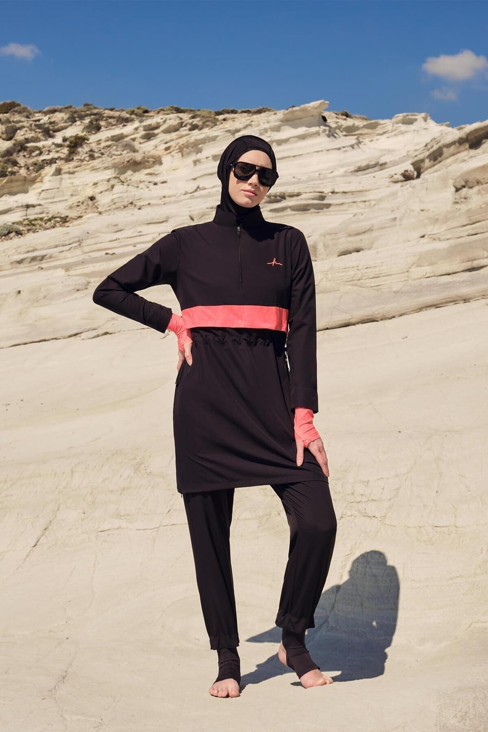 Hasema Esila Striped Monogram Black Orange Hijab Swimsuit Top - MALLTURK